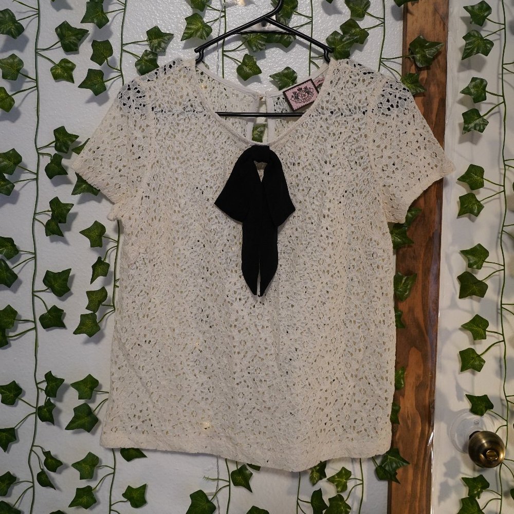 White Lace Top with Black Satin Bow Tie | Juicy Couture